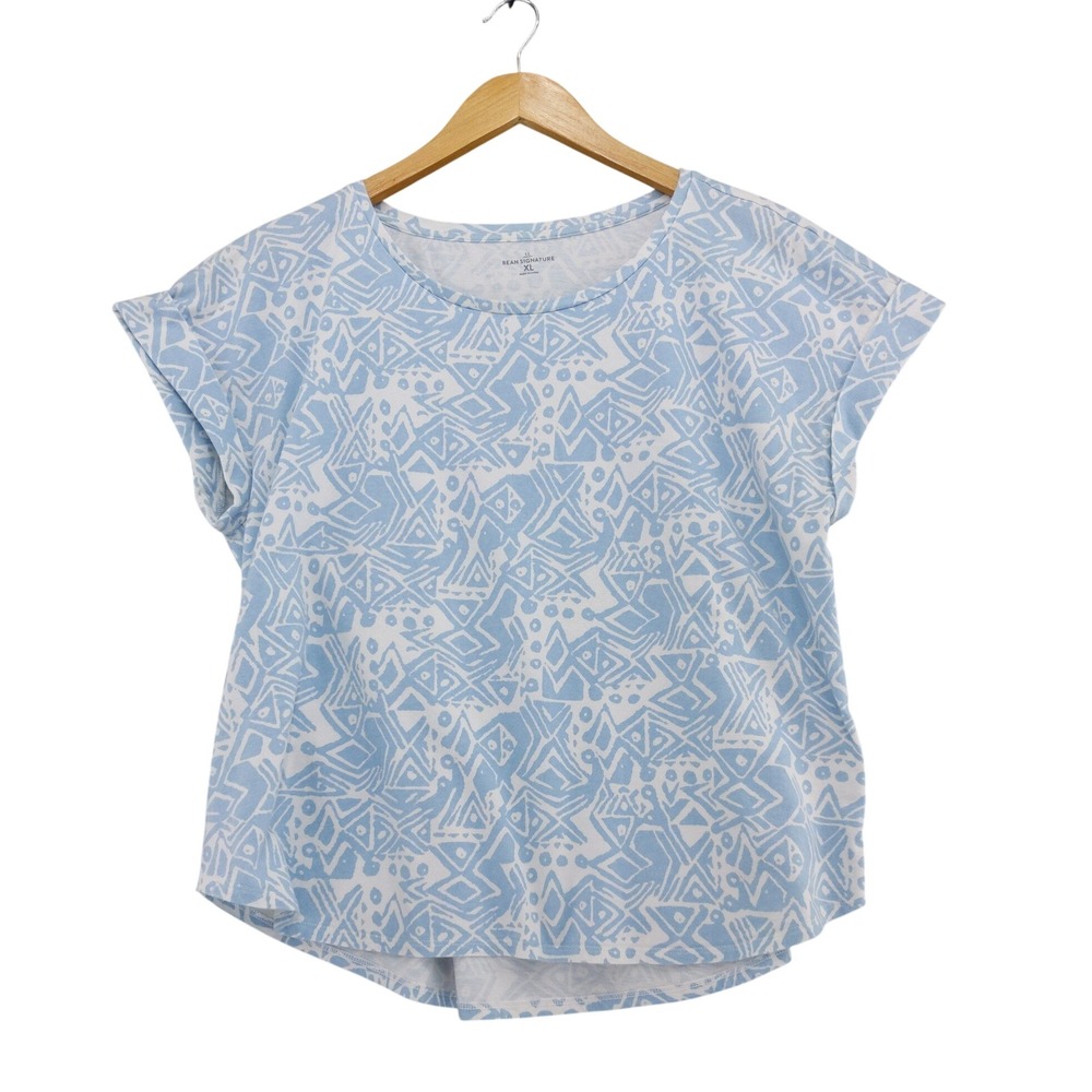 L.L. Bean Signature Top Women XL Blue Geometric Print Cuffed Sleeve Cotton